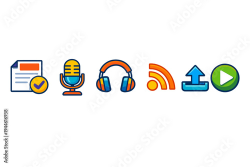 A set of six colorful icons representing podcasting and audio production, including a microphone, headphones, and a play button, displayed in a horizontal row on a black background.