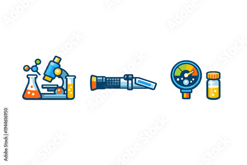 A set of three scientific icons featuring a microscope with laboratory glassware, a refractometer, and a pressure gauge next to a small vial, all in a stylized vector illustration.