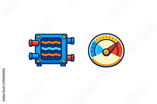 Two stylized icons on a black background featuring a blue heat exchanger unit with red and blue pipes and a circular pressure or temperature gauge with a needle pointing to red.