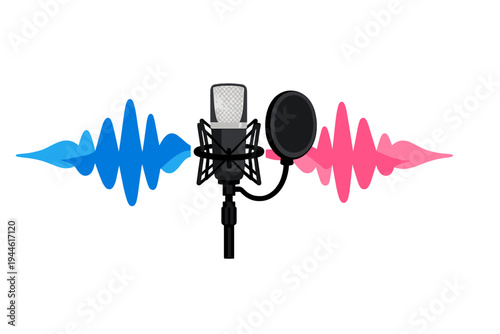 A professional studio microphone with a pop filter is centered between blue and pink sound waves on a black background. This illustration represents audio recording and podcasting.