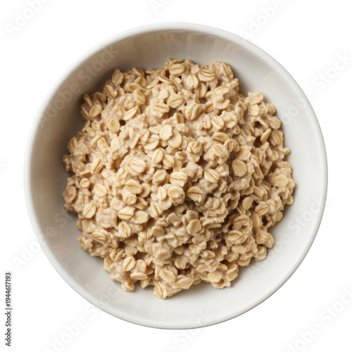 A top down view of a white bowl filled with cooked oatmeal perfect for design projects on transparent background