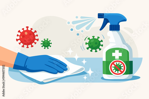 Surface cleaning with antibacterial sanitizing spray and cloth to prevent coronavirus spreading, hand in blue glove wiping table to kill germs and bacteria, hygiene and disinfection concept.