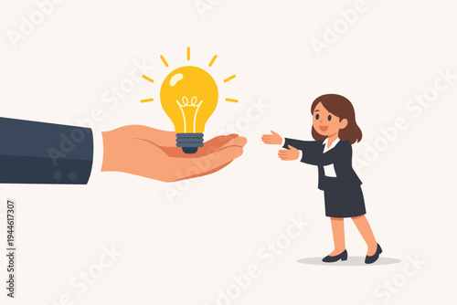 Big Hand Giving Glowing Lightbulb Idea to Young Businesswoman, Concept of Mentorship, Support, Innovation, and Creative Thinking in Corporate Environment, Flat Style Vector Illustration