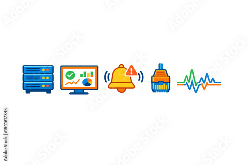 A set of five colorful icons representing network monitoring and server management, including a server rack, a dashboard monitor, an alert bell, an ethernet plug, and a signal wave.