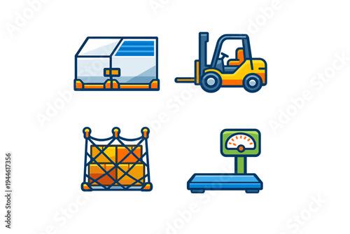 A set of four logistics icons including a cargo container, a yellow forklift, a cargo net with boxes, and a blue platform scale, all presented in a flat vector style.
