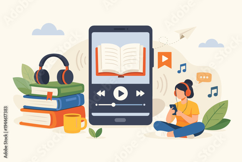 Vector Illustration of a Woman Listening to an Audiobook on a Smartphone with Headphones, Digital Library Concept with Stack of Books and E-learning App Interface for Online Education and Study