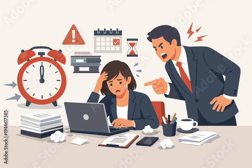 Overwhelmed female employee feeling stressed and pressured by angry male boss shouting at office desk, deadline concept with alarm clock and hourglass symbols, flat vector business illustration.