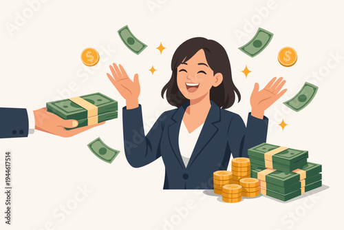 Happy businesswoman getting paid salary, wages, or bonus with stacks of cash and coins. Concept of financial success, wealth, profit, and career growth in a simple flat vector illustration style.
