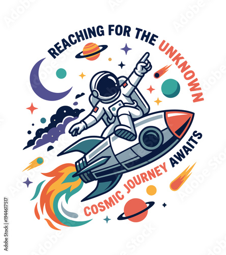 Astronaut riding a rocket with colorful cosmic elements including planets stars clouds and flames  exploration and the excitement of the unknown T-shirt Design