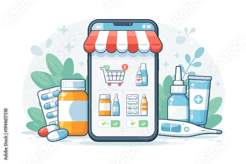 Smartphone with Online Pharmacy App Interface Featuring Medicine Bottles, Pills, Blister Packs, and Thermometer. Flat Vector Illustration for Healthcare E-commerce and Digital Medical Shopping