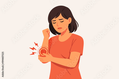 Flat Vector Illustration of a Young Woman Suffering from Severe Elbow Pain and Joint Inflammation, Touching Her Sore Arm with a Sad Expression, Concept of Medical Injury, Health, and Healthcare.