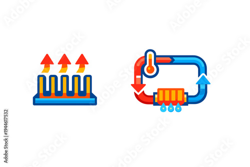 Two flat vector icons representing thermal energy and a cooling system loop. The left icon shows heat rising from a radiator, while the right depicts a circulating liquid cooling cycle.