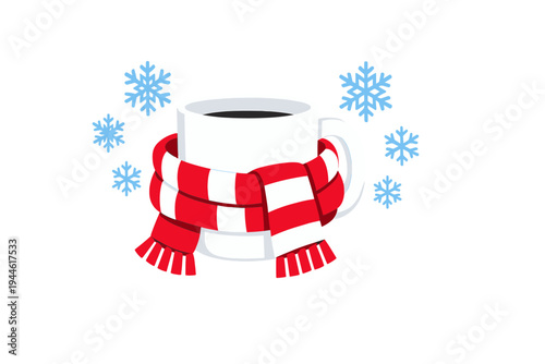 A white ceramic mug filled with a dark hot beverage is wrapped in a red and white striped winter scarf, surrounded by light blue snowflakes against a solid black background.