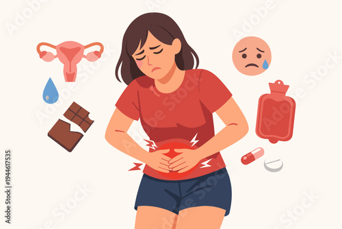 Flat Vector Illustration of a Young Woman Suffering from Severe Lower Abdomen Pain and Menstrual Cramps, Premenstrual Syndrome PMS Symptoms with Uterus, Chocolate, Hot Water Bottle and Pills Icons