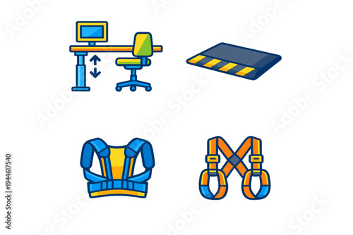 A set of four flat vector icons illustrating workplace ergonomics and safety equipment, including an adjustable desk, an anti-fatigue mat, a back support brace, and a safety harness.