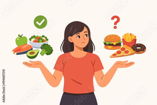 Woman Choosing Between Healthy and Unhealthy Food Options, Flat Vector Illustration of Nutrition Decision with Salad, Fruit, Salmon vs Burger, Pizza, Fries, and Donut for Diet and Wellness.