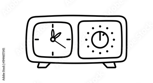Classic retro analog alarm clock with two faces, one showing time and the other a timer, hand-drawn illustration