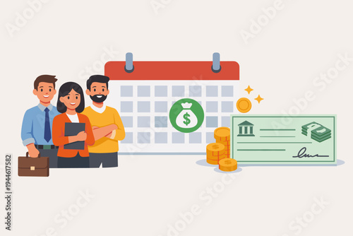 Business employees standing by a calendar with a money bag icon, gold coins, and a bank check. Flat vector illustration for payday, payroll, salary payment, and human resources management.
