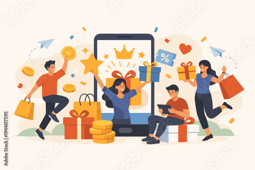 Vector illustration of happy customers receiving rewards, gifts, and loyalty points from online shopping on a smartphone. People celebrating with gift boxes, coins, shopping bags, and stars.