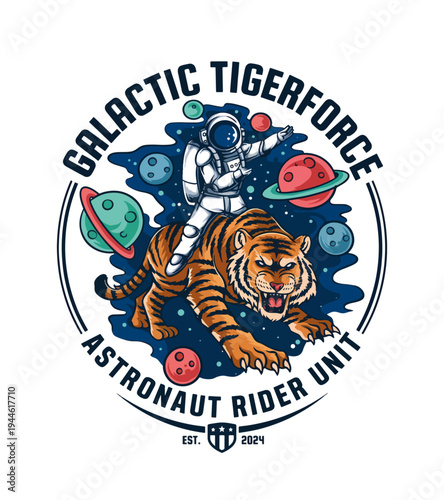 Astronaut riding a fierce tiger surrounded by colorful planets and stars in a whimsical space scene featuring a circular badge design with bold typography visual elements T-shirt Design