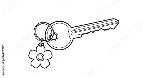 A simple outline illustration of a single key with a flower-shaped charm attached to its keyring, presented in black and white on a plain background