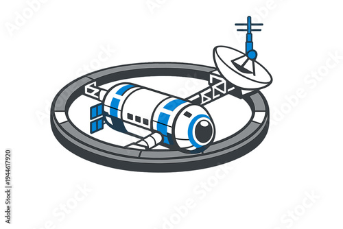 A stylized vector illustration of a futuristic space station with a central module, a large rotating ring, and a satellite dish, set against a solid black background.
