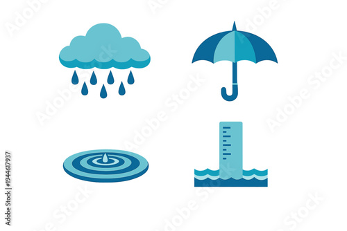 A set of four blue weather icons including a rain cloud, an umbrella, a water ripple, and a rain gauge, all presented in a flat design style against a solid black background.
