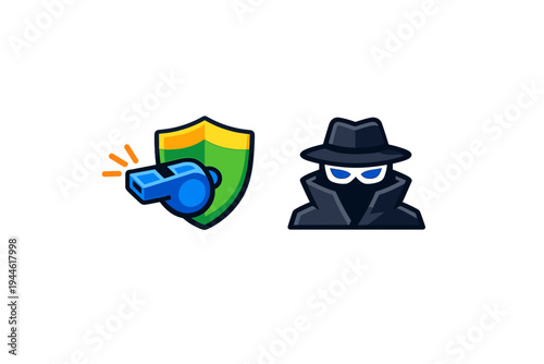 A vector illustration featuring a blue whistle and a green shield next to a mysterious figure wearing a dark hat and coat, symbolizing whistleblowing, crime reporting, and security protection.