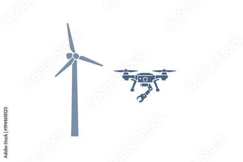A graphic showing a quadcopter drone equipped with a mechanical arm positioned near a large wind turbine, illustrating modern technology used for clean energy infrastructure maintenance.