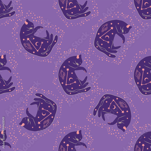 Mystical seamless pattern of cats in boho style, silhouette collection. Esotericism and mysticism, occultism. Cartoon flat vector illustrations, isolated