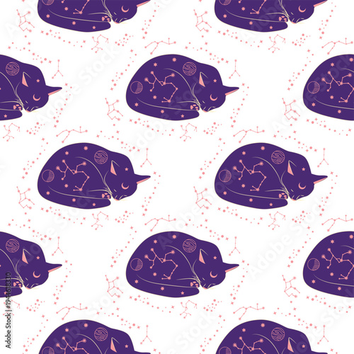 Mystical seamless pattern of cats in boho style, silhouette collection. Esotericism and mysticism, occultism. Cartoon flat vector illustrations, isolated