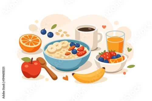 A flat vector illustration of a healthy breakfast featuring a bowl of oatmeal with fruit, a cup of coffee, orange juice, an apple, and fresh berries on a clean background.