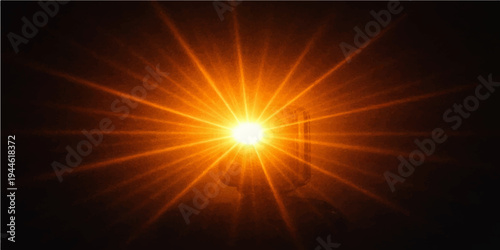Abstract background vector featuring a bright burst of orange and yellow light rays with a glowing sun texture and hot fire flame energy illustration