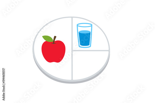 This graphic shows a circular divided plate with a red apple and a glass of blue water. One section remains empty, all presented in a flat design style on a black backdrop.