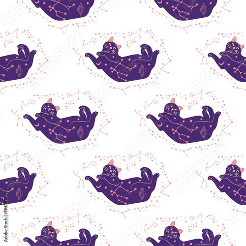 Mystical seamless pattern of cats in boho style, silhouette collection. Esotericism and mysticism, occultism. Cartoon flat vector illustrations, isolated