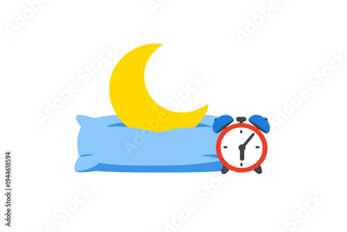 A yellow crescent moon sits on a light blue pillow beside a red alarm clock. This simple illustration on a black background symbolizes sleep, rest, and morning routines.