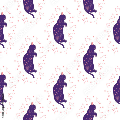Mystical seamless pattern of cats in boho style, silhouette collection. Esotericism and mysticism, occultism. Cartoon flat vector illustrations, isolated