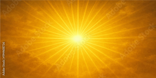 Bright summer sunburst background featuring an abstract vector design with orange and yellow rays of light exploding in a warm glowing sunrise