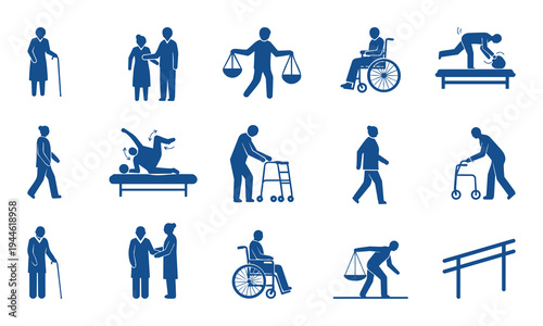 Collection of blue silhouette icons depicting people with disabilities and accessibility