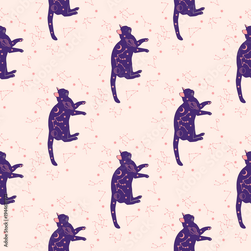 Mystical seamless pattern of cats in boho style, silhouette collection. Esotericism and mysticism, occultism. Cartoon flat vector illustrations, isolated