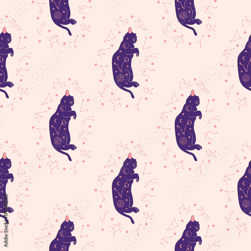 Mystical seamless pattern of cats in boho style, silhouette collection. Esotericism and mysticism, occultism. Cartoon flat vector illustrations, isolated