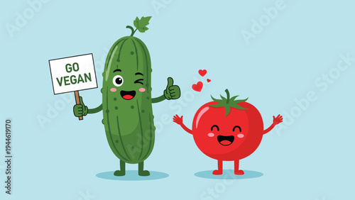 Friendly cucumber and tomato vegetable characters holding a go vegan sign and showing love with hearts for healthy lifestyle themes.