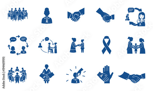 Collection of blue vector icons depicting various social interactions and awareness ribbons