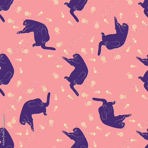 Mystical seamless pattern of cats in boho style, silhouette collection. Esotericism and mysticism, occultism. Cartoon flat vector illustrations, isolated