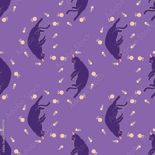 Mystical seamless pattern of cats in boho style, silhouette collection. Esotericism and mysticism, occultism. Cartoon flat vector illustrations, isolated