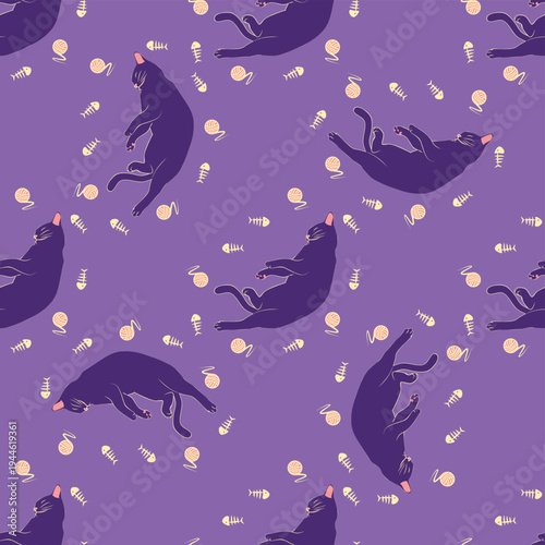 Mystical seamless pattern of cats in boho style, silhouette collection. Esotericism and mysticism, occultism. Cartoon flat vector illustrations, isolated