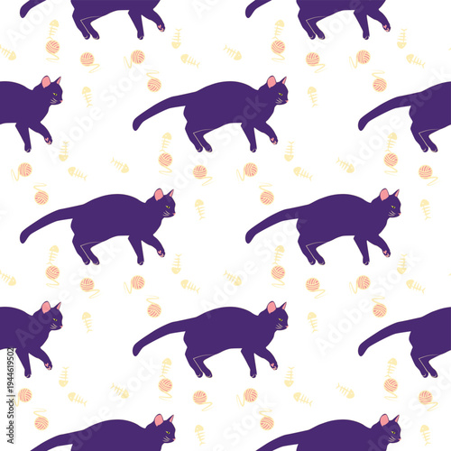 Mystical seamless pattern of cats in boho style, silhouette collection. Esotericism and mysticism, occultism. Cartoon flat vector illustrations, isolated