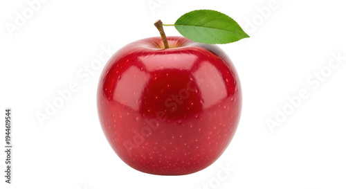 Фотография Shiny red apple with leaf isolated PNG, fresh fruit close-up for healthy eating