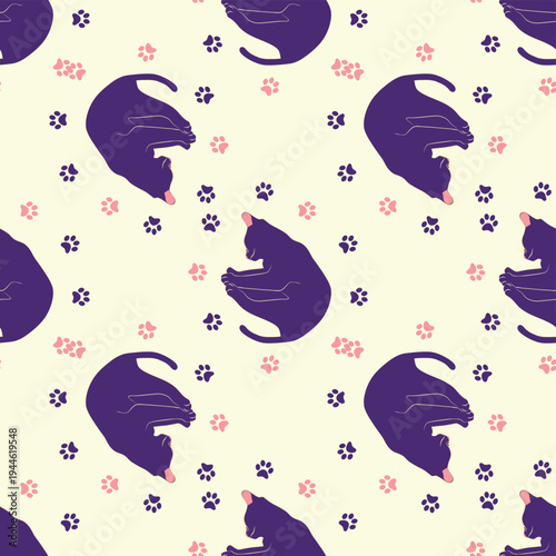 Mystical seamless pattern of cats in boho style, silhouette collection. Esotericism and mysticism, occultism. Cartoon flat vector illustrations, isolated