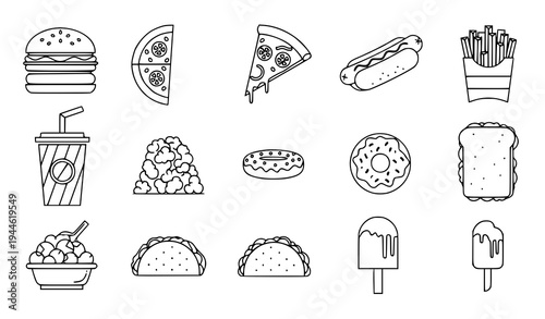 Fast Food Snacks Black Silhouette Vector Icon Collection